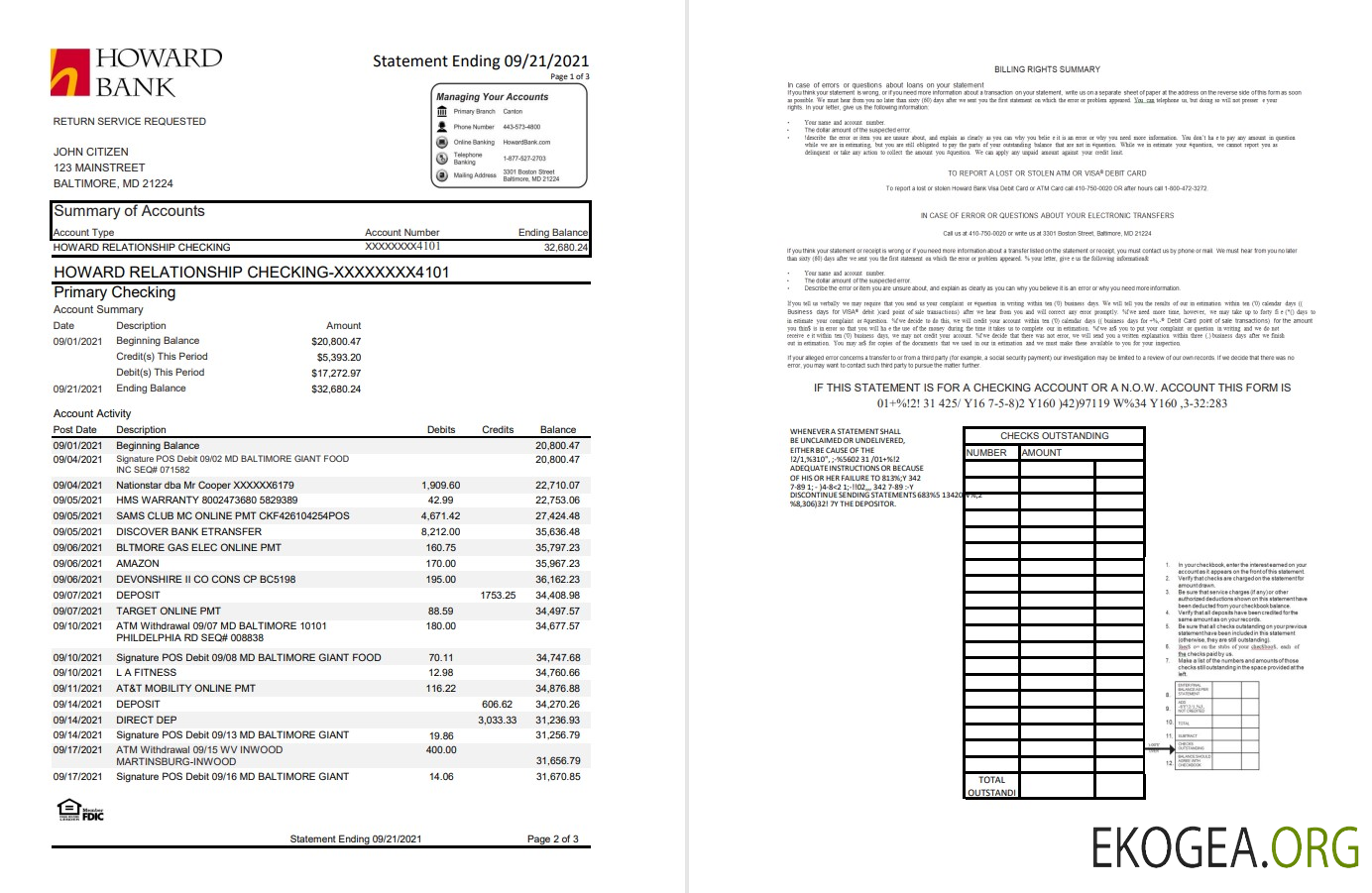 USA Maryland Howard Modèle de relevé bancaire personnel, format Excel et PDF (.xls et .pdf) (4 pages)